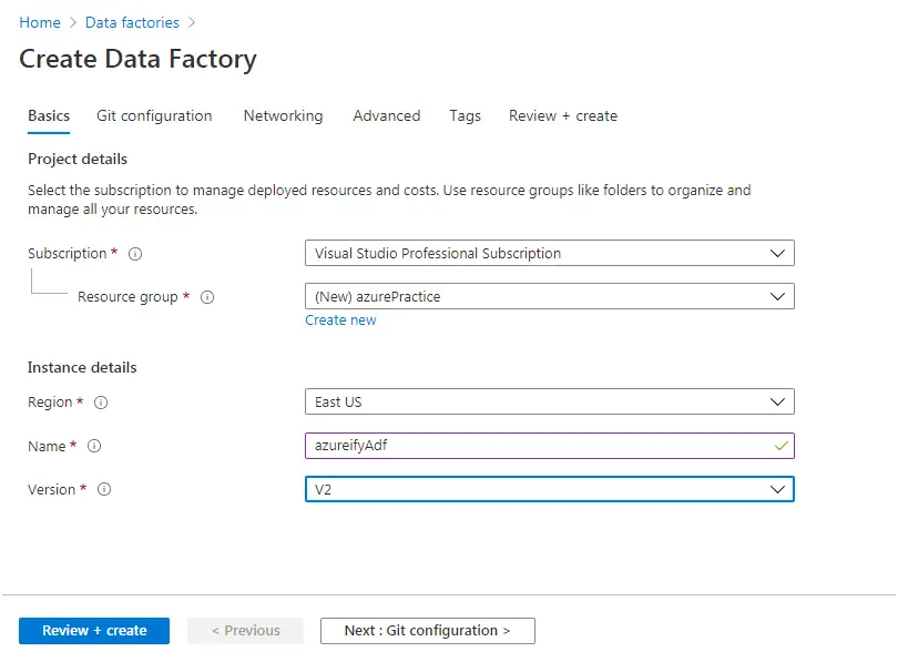 create azure data factory account