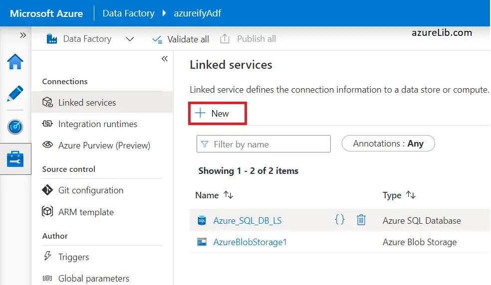 Author tab to create the linked service in azure data factory