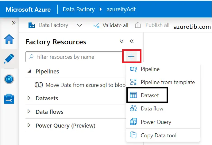 Create dataset in adf