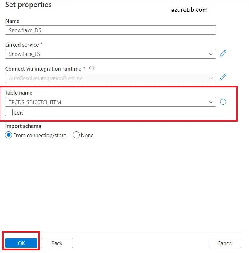 Fill out snowflake dataset details