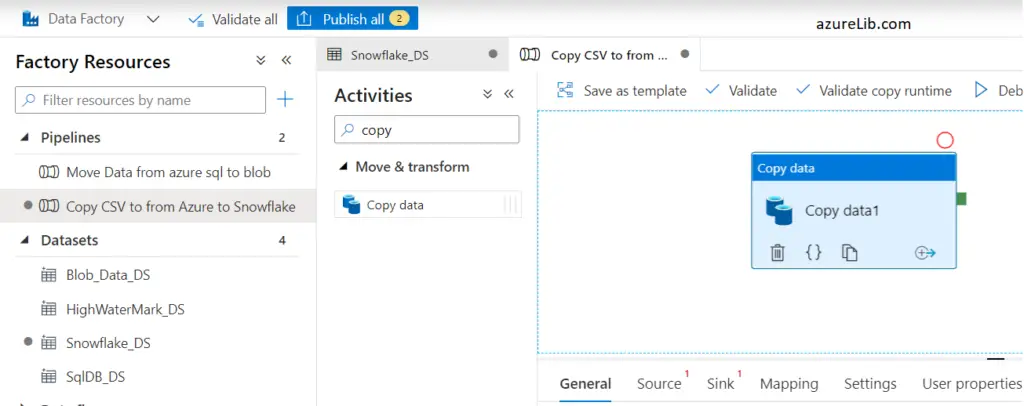 Creating the copy activity for loading csv to snowflake.