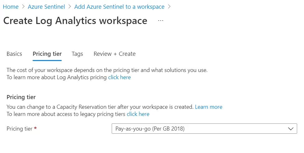Select the azure sentinel pricing tier.
