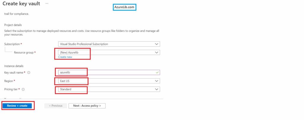 Azure Key Vault create details