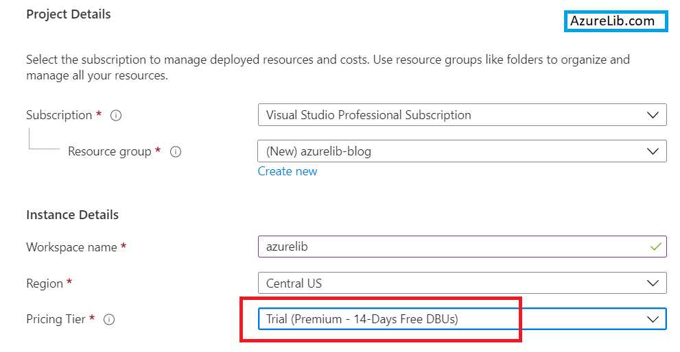 Azure Databricks  workspace fill details in Azure portal