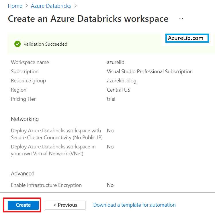 Azure Databricks  workspace creation validation in Azure portal 