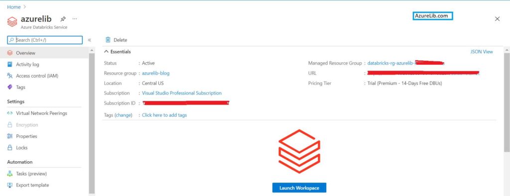 Azure Databricks  workspace dashboard page in Azure portal  