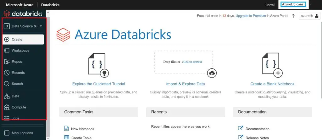 Azure Databricks Portal Left Pane