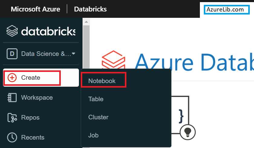 Azure Databricks Portal Create Notebook Option 