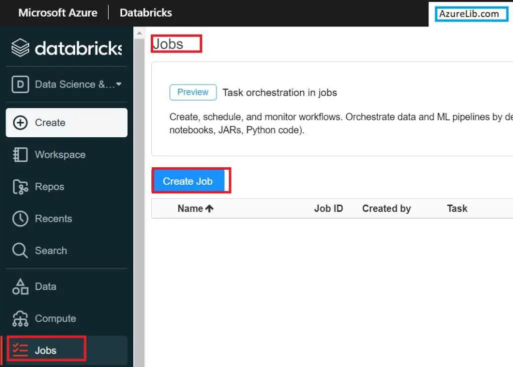 Azure Databricks Portal JobsTab 