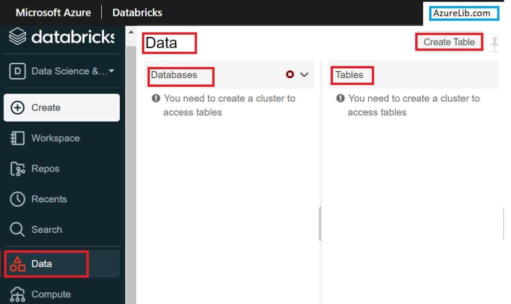 Azure Databricks Portal Data Tab 