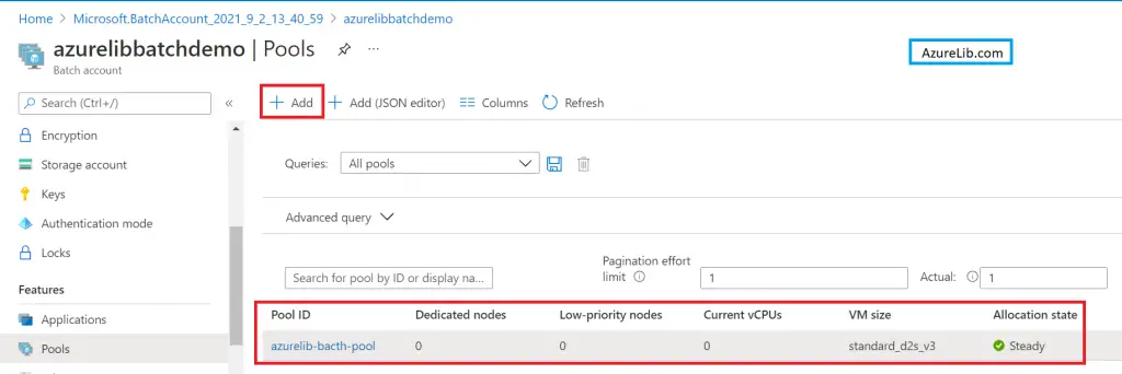 Azure Pool in the Azure Batch account