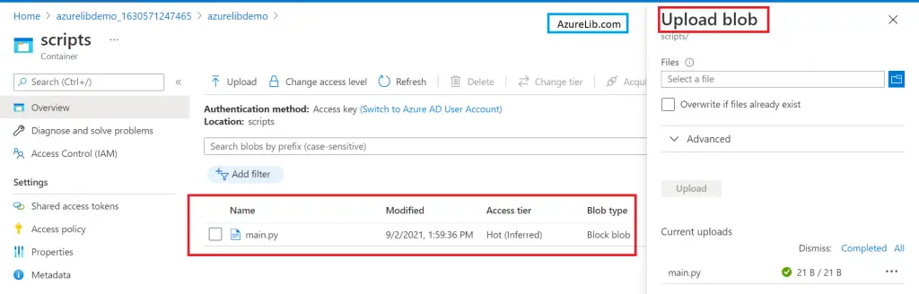 Python script in the Azure Storage account