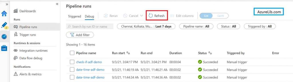 Azure Data Factory Pipeline Refresh Tab