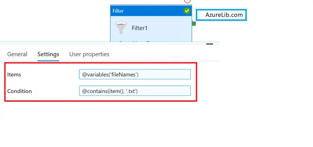 Configure the Filter activity with items and conditions pipeline. 