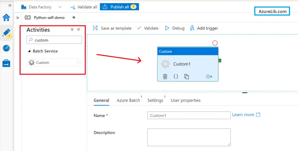 Custom Activity in the Azure Data Factory account