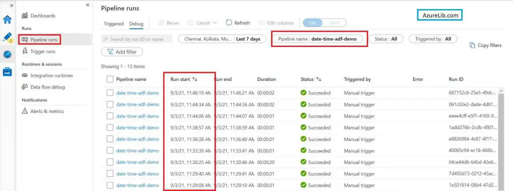 Azure Data Factory Pipeline Run History 