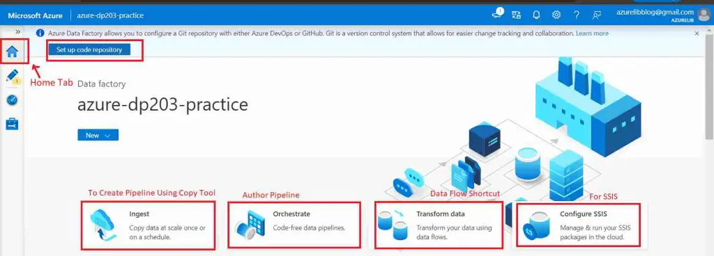 Azure Data Factory Studio Home Page